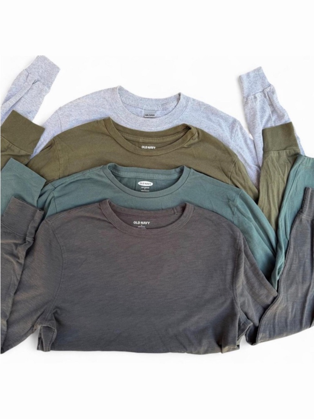 4 Long-Sleeve Tees - Charcoal, Forest Green, Olive, Gray Heather - men’s sz S
